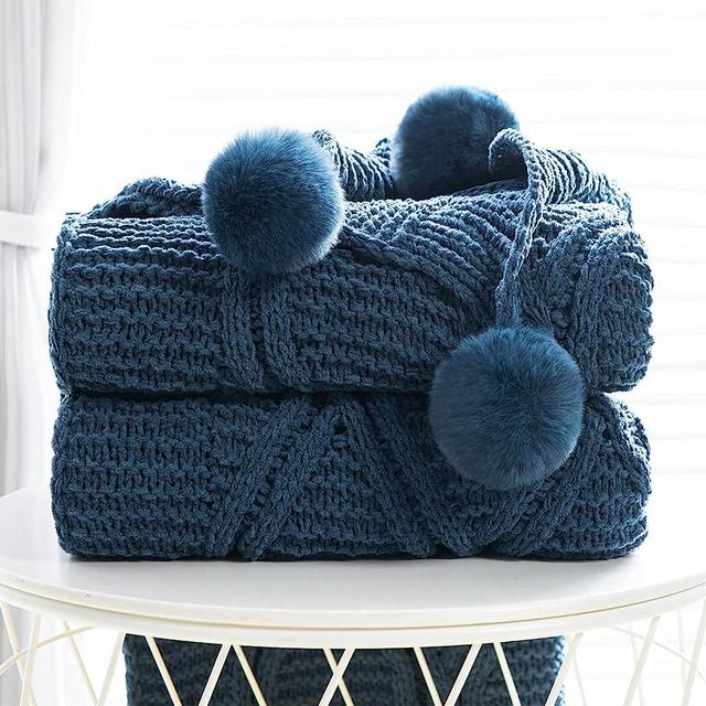 Chunky Knit Blanket with pom poms- Thick, Soft, Big, Cozy Throw Blankets for Couch, Bed, Sofa, Chair-50×60 Inches,Blue