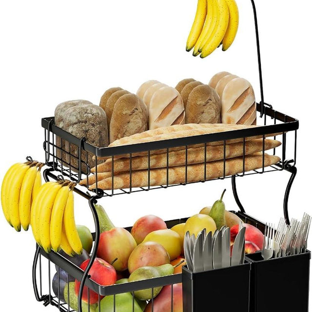 Simple Trending 2 Tier Fruit Basket Metal Wire with 3 Banana Hangers, Countertop Fruit Vegetable Basket Kitchen Organizer with Storage Box for Bread Snack Veggies Produce, Black