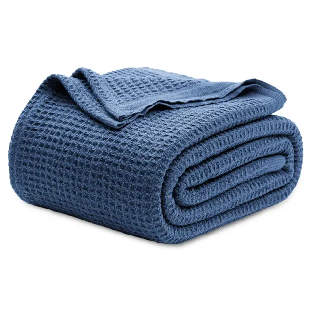 Waffle Weave 100% Cotton Blanket Solid King Size Navy - Bedsure
