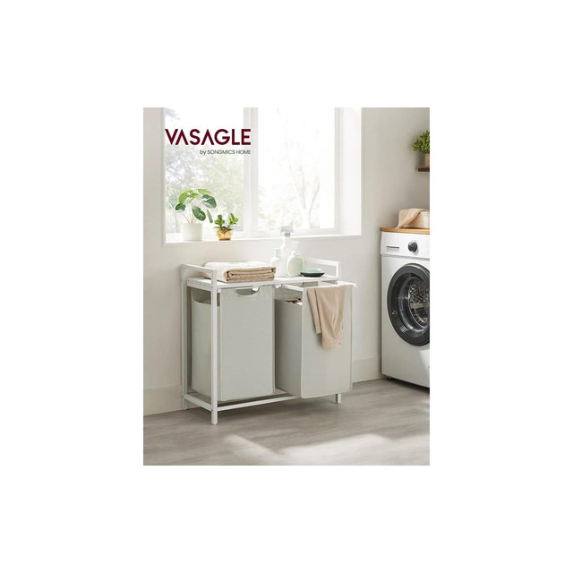 VASAGLE 46L Laundry Hamper, Laundry Basket, Laundry Sorter with 2 Pull-Out Bags, Shelf White