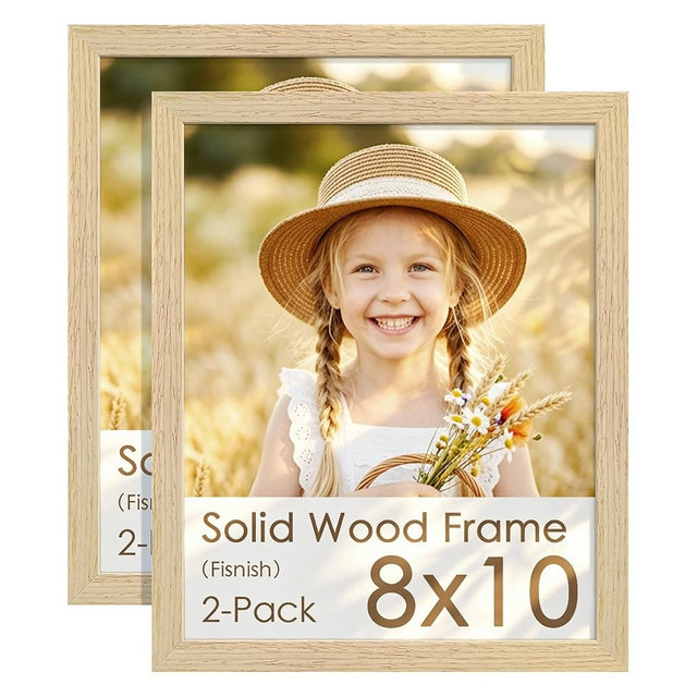 Fisnish 8x10 Picture Frame Set of 2, Natural Solid Wood Picture Frames, Display 8x10 Photos without Mat, for Wall and Tabletop, Natural