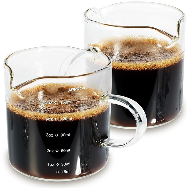 QUMMFA 5OZ (150ML) Espresso Cups Set of 2, Espresso Shot Glass with Handle, Double Spouts Glass Coffee Cups, Heat Resistant Borosilicate Cappuccino Cup, Coffee Bar Accessories, Small