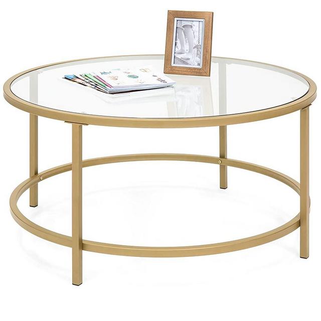 Best Choice Products 36in Modern Round Tempered Glass Accent Side Coffee Table for Living Room, Dining Room, Tea, Home Décor w/Satin Gold Trim, Metal Frame, Non-Marring Foot Caps - White/Bronze Gold