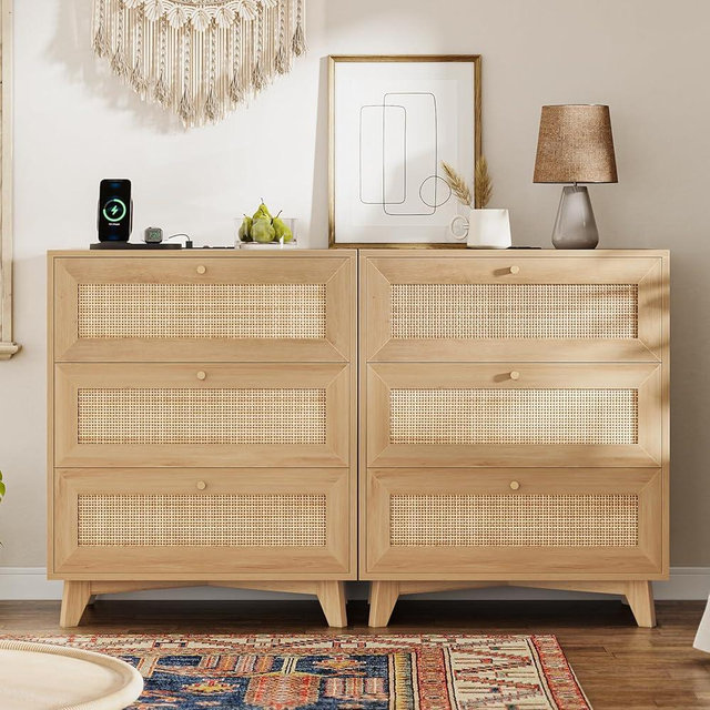 VIAGDO Rattan Nightstand Set of 2 with Charging Station, Natural Rattan Night Stand with 3 Large Wicker Decorated Drawers, Boho Bedside Table, End Side Table, 3 Drawer Dresser for Bedroom