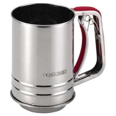 Product description page - Cake Boss Stainless Steel 3-Cup Flour Sifter with Red Silicone Grips