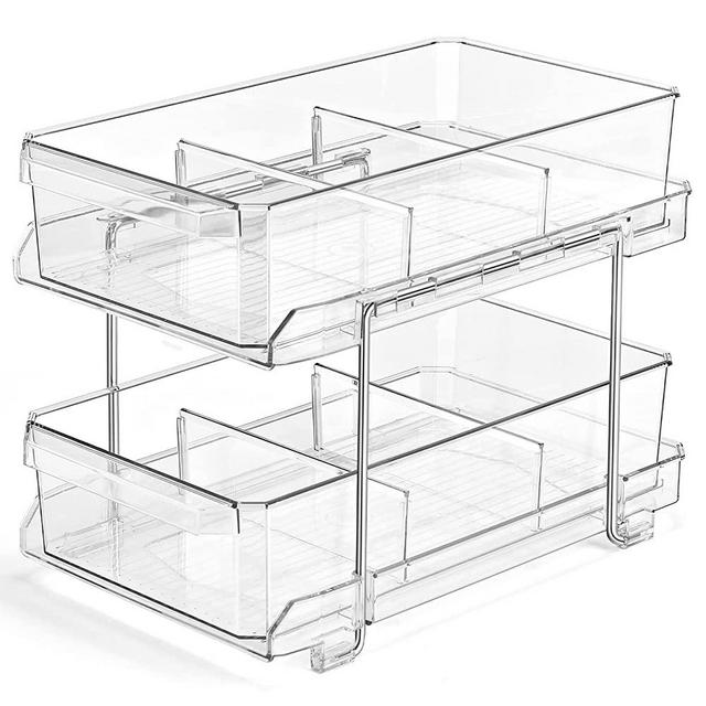 2 Tier Clear Organizer with Removable Dividers, Multi-Purpose Slide-Out Storage Container, Cosmetic Makeup Basket for Vanity Countertop, Bathroom Counter Organizing Tray, Under Sink Organization, Kitchen Pantry Medicine Cabniet Closet Storage