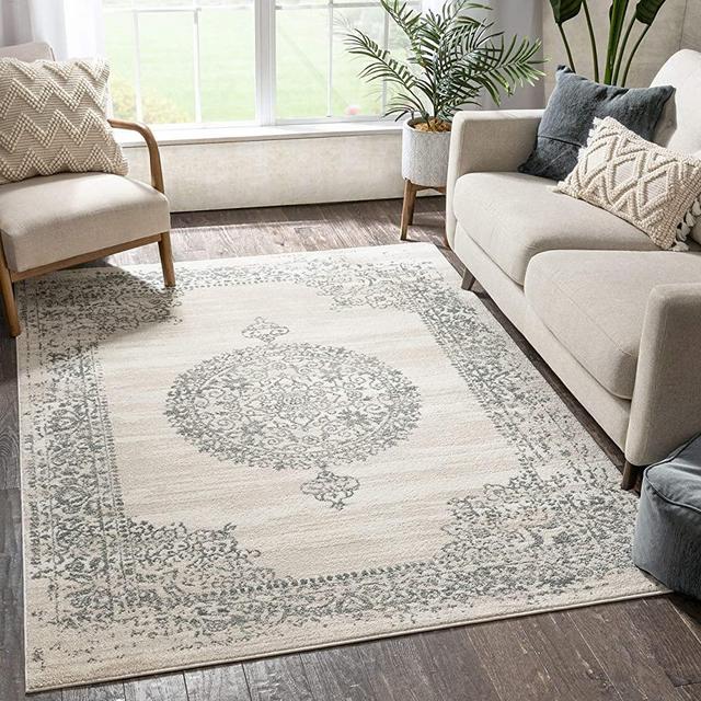 Well Woven Francesca Medallion Ivory Distressed Traditional Vintage Persian Floral Oriental Area Rug 8x11 (7'10" x 9'10") Carpet