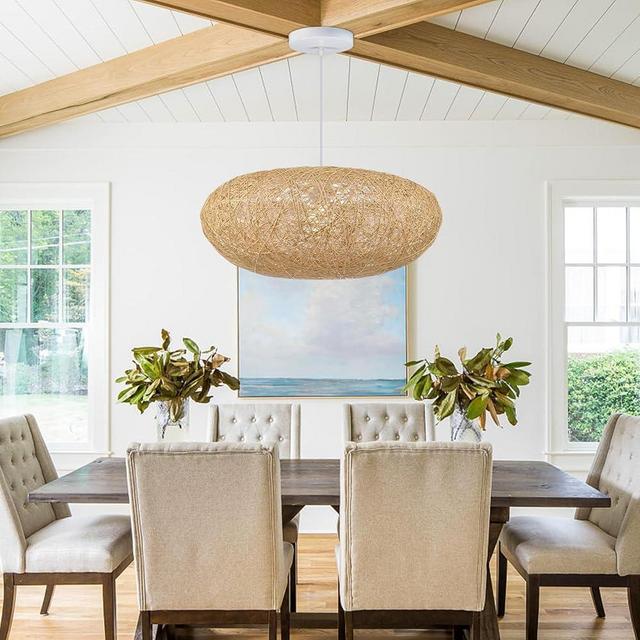 Arturesthome Round Rattan Pendant Lights, Boho Wicker Chandelier Basket Lighting Fixture, Large Natural Woven Hanging Lamp for Kitchen Island