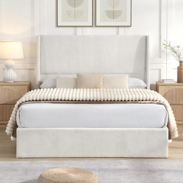 YJNKU High Headboard Upholstered Bed, Floor Standing Bed Frame,Queen Size Bed Frame, 12-Slat Support, Easy to Assemble, Chenille Cloth, No Box Spring Needed,50.78" High,Beige