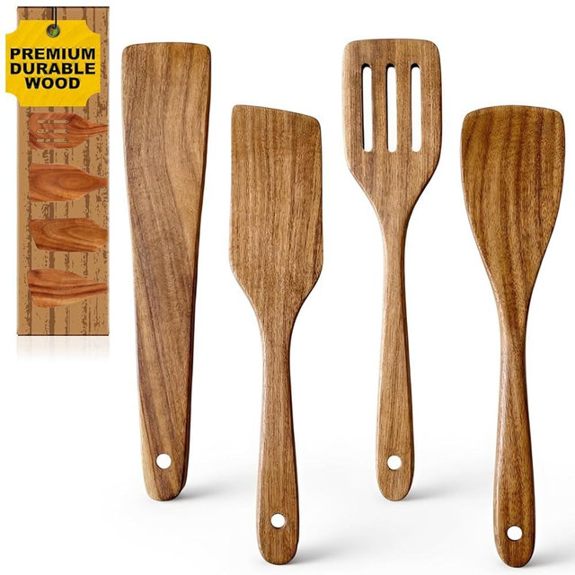 Best Non Toxic Wooden Spatula for Cooking Utensil Set Acacia Wood Spatula Set of 4, Bamboo Cooking Spoon Flat Slotted Turner Spatulas for Kitchen Use Cast Iron Scraper Spurtle Thin Egg Flipper Spatula
