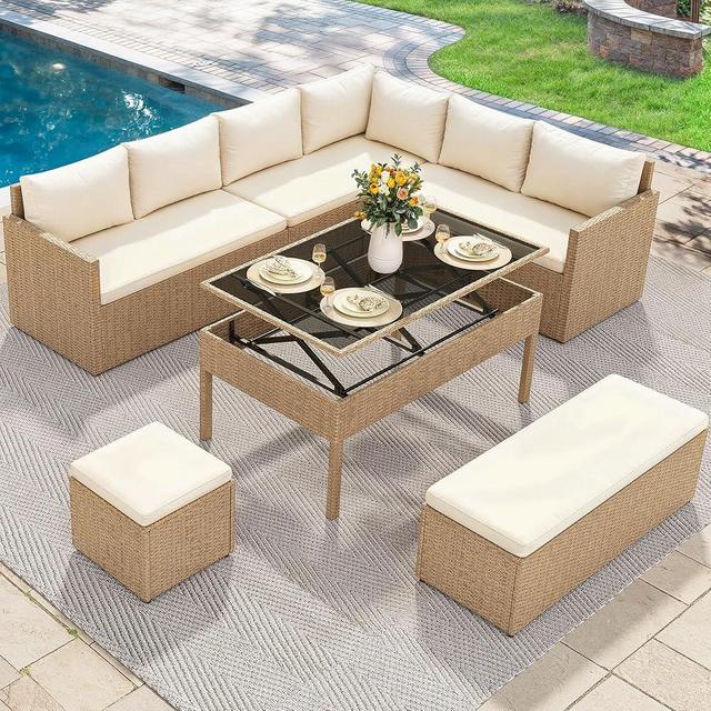 YITAHOME 6-Piece Patio Furniture Set, All-Weather Wicker Outdoor Sectional Sofa with Lift-Top Table & Ottoman, Patio Conversation Set for Deck, Backyard, Porch - Light Brown+Beige