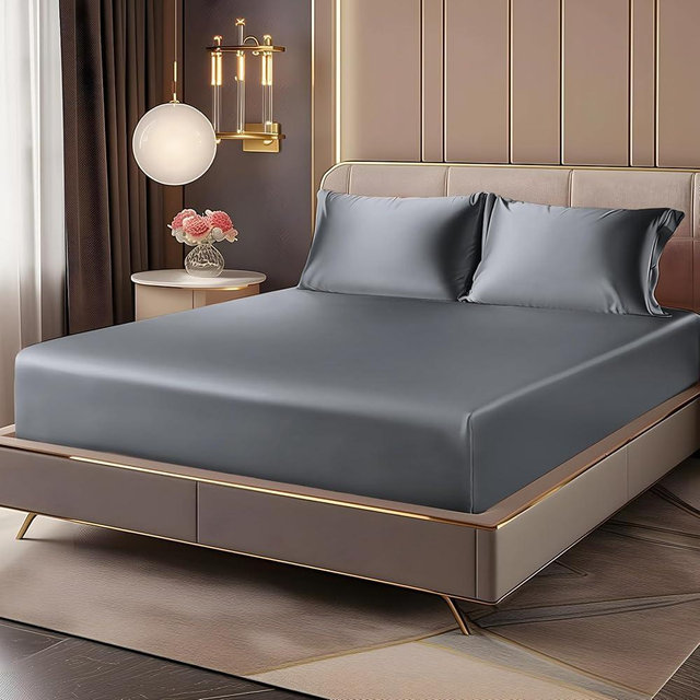 BEDELITE Satin Fitted Sheet and Pillowcases Set, Luxury Soft Similar to Silk Bottom Bed Sheet with Elastic Corner Straps, Deep Pocket up to 15 Inch, 1 Fitted Sheet and 2 Pillowcases(Queen, Dark Grey)