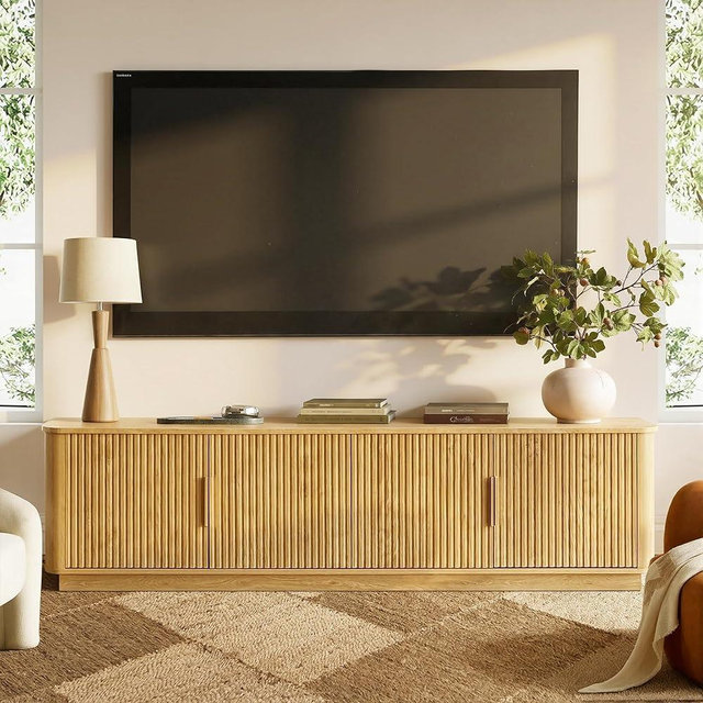 win2win 71" TV Stand for 80 Inch TV, Modern Fluted Entertainment Center with Faux Marble Top, Curved Corners, Boho Minimalist Media Console with Storage for Living Room Bedroom, Oak