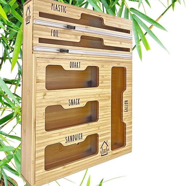 Pantry Organizers and Storage Solution - 6 in 1 Bamboo Kitchen Drawer Organizer for Ziploc Bag's with Plastic and Foil Dispenser; Compatible with Gallon, Quart, Sandwich and Snack bags and 12" rolls