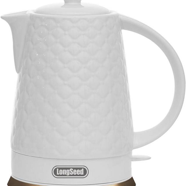 LONGSEED Ceramic Electric Kettle, 1.5L/1200W Boil Water Quickly and Easily with Boil-Dry Protection Auto Shut Off, Detachable Swivel Base, White Relief Carving