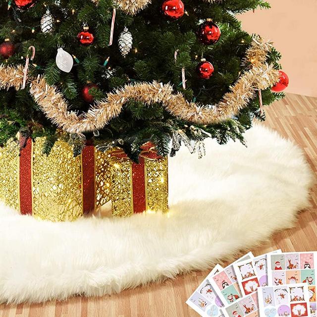 Joyjoz 48 Inch Christmas Tree Skirt, Large White Christmas Tree Skirt with 48 PCS Stickers，Luxury Faux Fur for Christmas Decorations Holiday, Xmas Ornaments