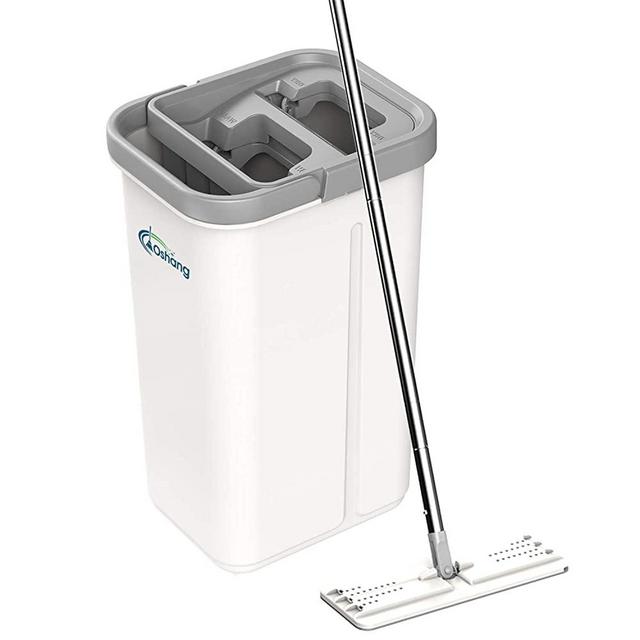 oshang Flat Floor Mop and Bucket Set for Floor Cleaning, Hands Free Squeeze Mop for Hardwood,Laminate Floor. Stainless-Steel Handle, 2 Washable & Reusable Microfiber Mop Heads