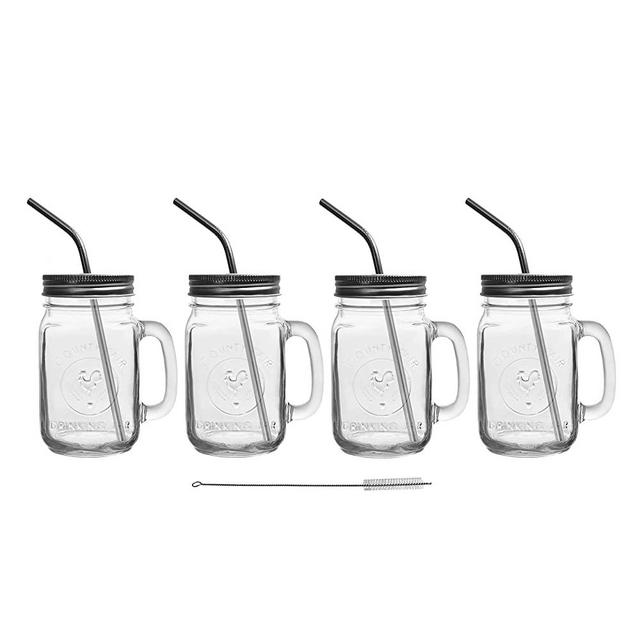 Mason Jar Mugs with Glass Handles and Metal Straws, Brimley 16oz Drinking Glasses Set of 4