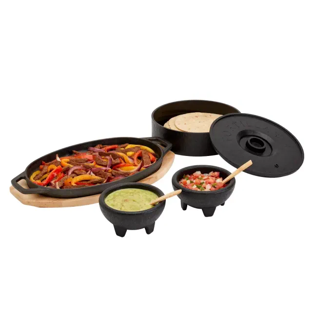 Infuse 8pc Fajita Set: Cast Iron Cookware, BPA-Free, Gas & Induction Compatible, Includes Storage Containers & Spoon
