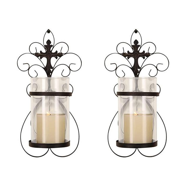 Adeco Iron and Glass Vertical Wall Hanging Scroll and Cross Design 1 Pillar Candle Holder Sconce