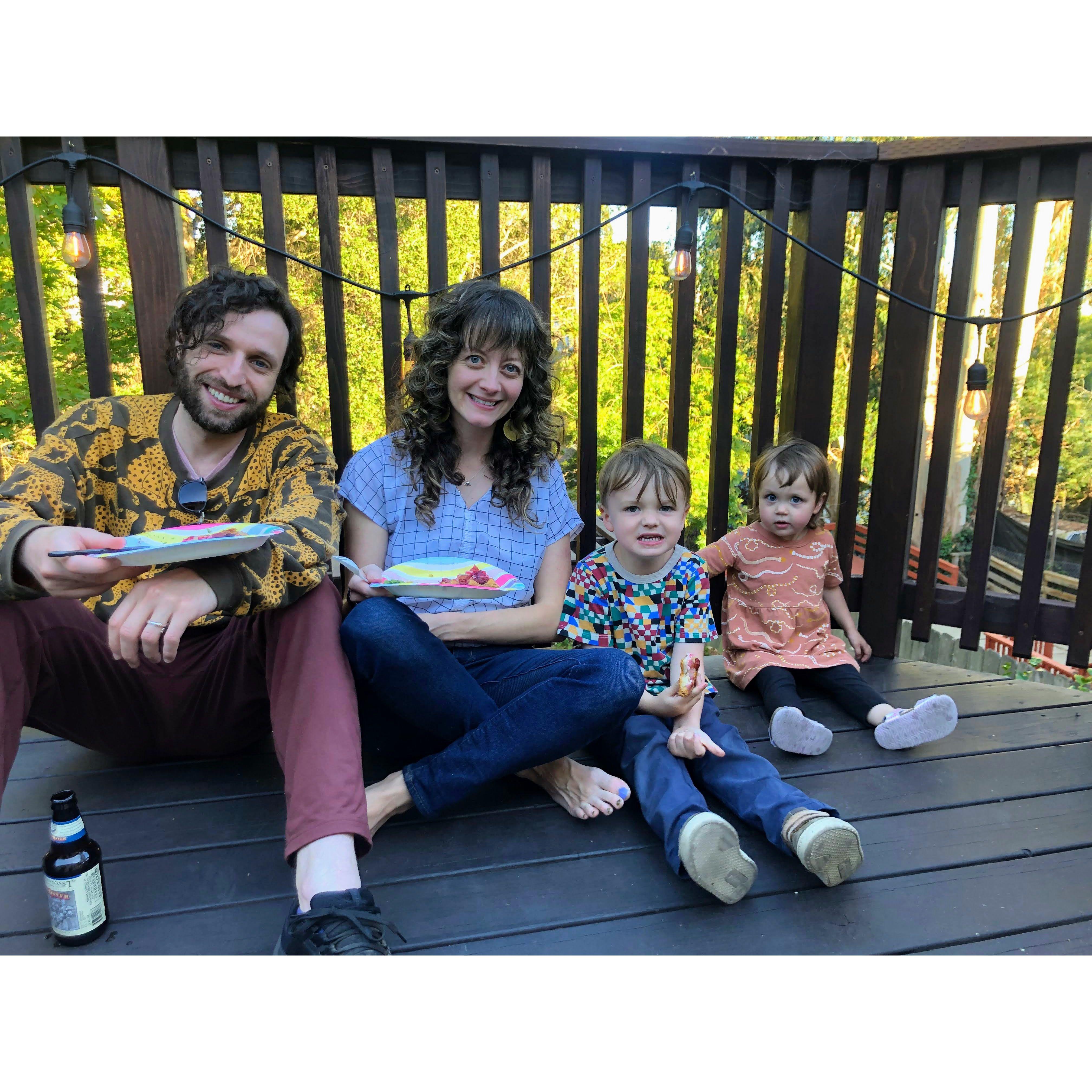 Max, Ashley, Orion, and Aurora (Ashley's nephew and niece) on our balcony in Oakland, CA