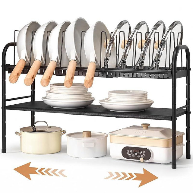HULISEN Pots and Pans Organizer Under Cabinet, Expandable 2-Tier Pots and Pans Lid Storage Rack Holder with 10 Dividers, Adjustable Height Under Sink Organizer, Maximize Kitchen Storage Space