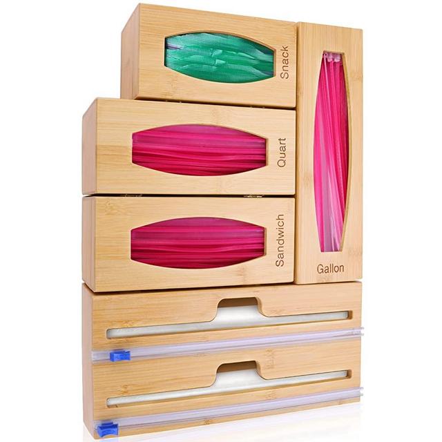 Openable Bamboo Ziplock Bag Storage Organizer & Foil and Plastic Wrap Organizer, Plastic Wrap Dispenser and Ziplock Bag Organizer for Kitchen Drawer, 5 Baggie Organizer for Gallon,Quart,Sandwich,Snack