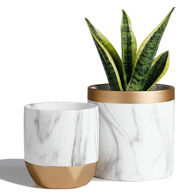 POTEY 053801 Ceramic Plant Pots Indoor - 6 inch Modern Large Cylinder Planter + 4.8 inch Medium Round Plant Pot, Marble Pattern Decorative with Golden Detailing Containers for Aloe Plants Flower