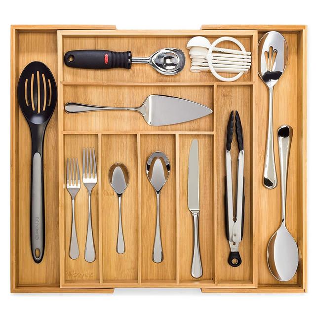 Dynamic Gear Bamboo Expandable Drawer Organizer, Premium Cutlery and Utensil Tray, 100% Pure Bamboo, Adjustable Kitchen Drawer Divider (7 Compartments Expandable)