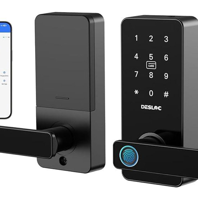 DESLOC B200L Fingerprint Smart Lock with Handle, Keyless Entry Door Locks for Front Door and Bedrooms, App Control, Touchscreen Keypad, Auto-Lock, 12-Month Battery, Emergency Power Port, IP54 Black
