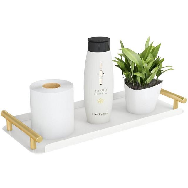 FEILERN Toilet Tank Paper Basket, 304SUS Stainless Bathroom Basket Toilet Tank Tray with Handles, Back of Toilet Storage Paper Basket for Toilet Tank, Bathroom, Kitchen Counter(White & Gold