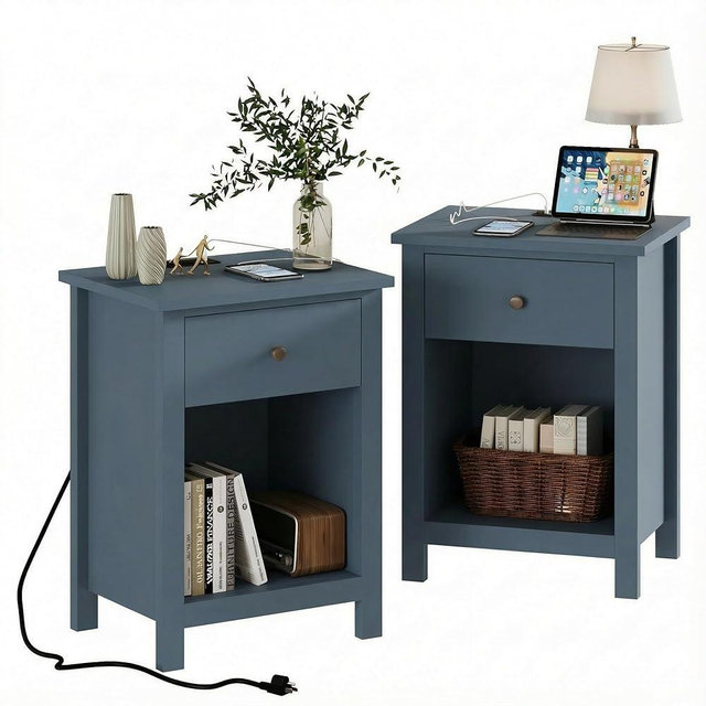 ChooChoo Farmhouse Nightstand Set of 2,Night Stand with Charging Station, Wooden Top Bedside End Table with Drawer and Storage Space for Bedroom, Blue