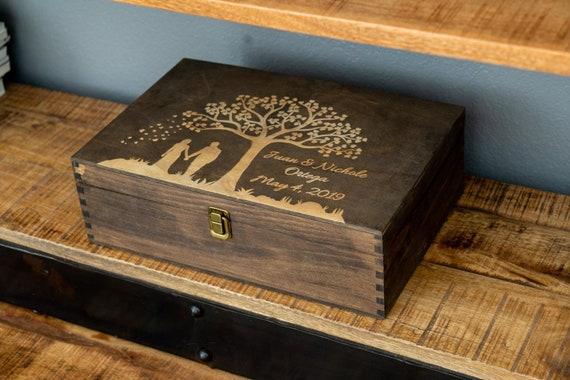 Wood Memory Box, Rustic Wooden Keepsake Box, Personalized Engraved Gift Box, Wedding Memory Chest, Jewelry or Photo Box, Couple's Custom Box