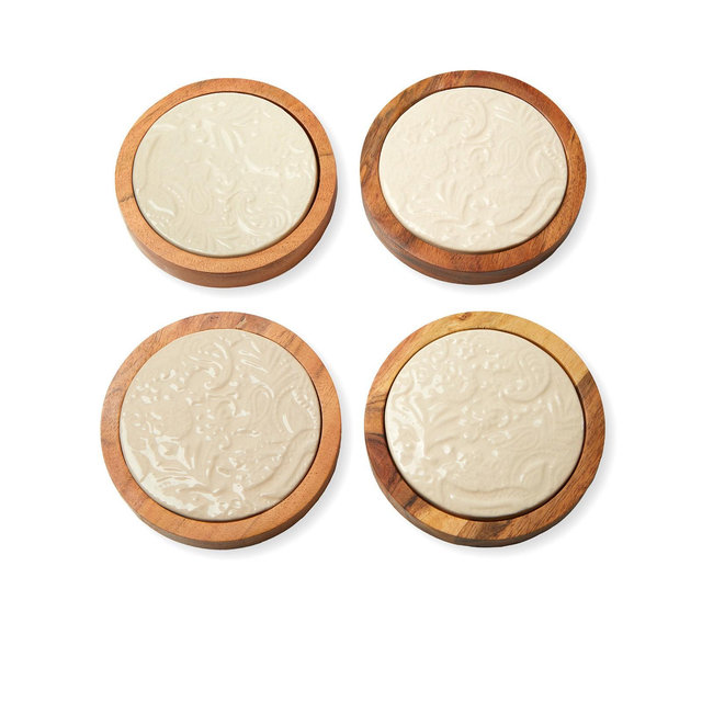 Godinger Acacia Wood Coasters with Floral Designs in Porcelain on Coasters, Set of 4