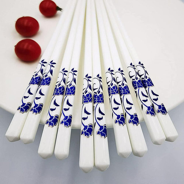 Porcelain Chopsticks 5 Pairs Kawaii Chopsticks - Reusable and Dishwasher Safe Chopstick Set of 5-9.7-Inch (Blue rose)