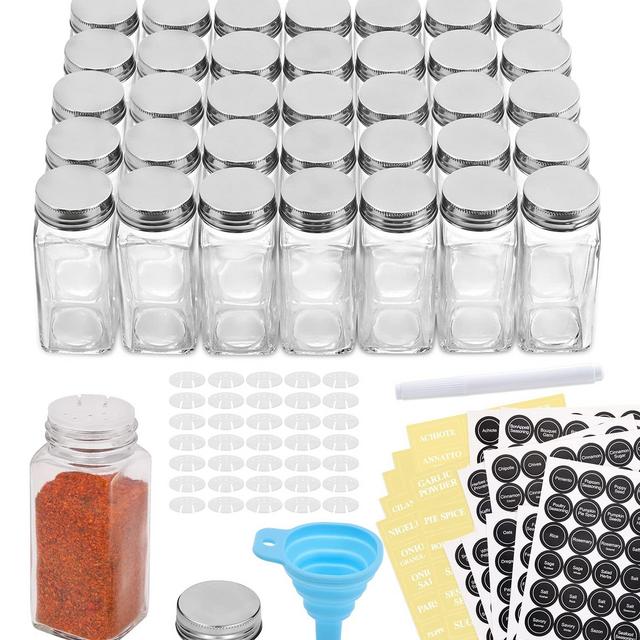 AOZITA 36 Pcs Glass Spice Jars with Spice Labels - 4oz Empty Square Spice Bottles - Shaker Lids and Airtight Metal Caps - Chalk Marker and Silicone Collapsible Funnel Included