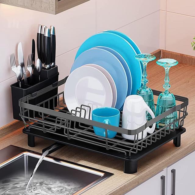 MOUKABAL Dish Racks for Kitchen Counter, Dish Drainer,Dish Drying Rack with Drainboard and Removable Utensil Holder(Grey/Gray)