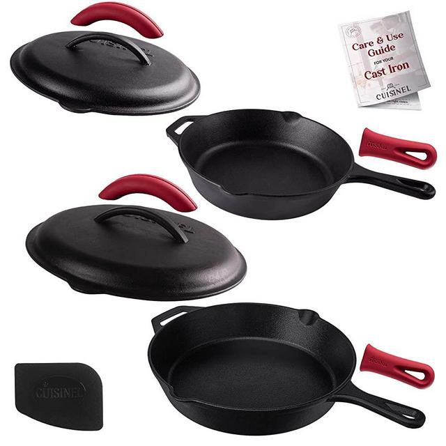 Cast Iron Skillet Set with Lids - 10"+12"-inch Pre-Seasoned Covered Frying Pan Set + Silicone Handle and Lid Holders + Scraper/Cleaner - Indoor/Outdoor, Oven, Stovetop, Fire, BBQ Safe Kitchen Cookware