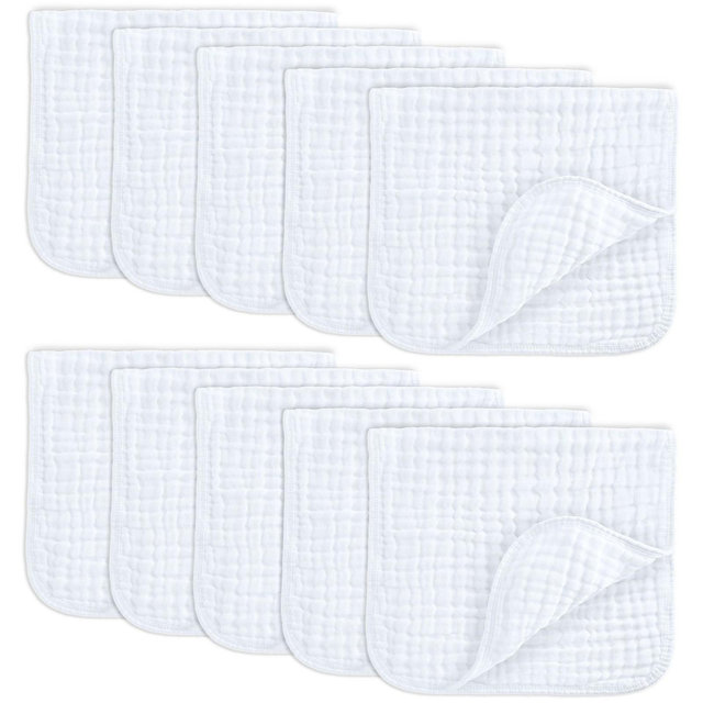 Muslin Burp Cloths Large 100% Cotton by Comfy Cubs - White, Pack of 10