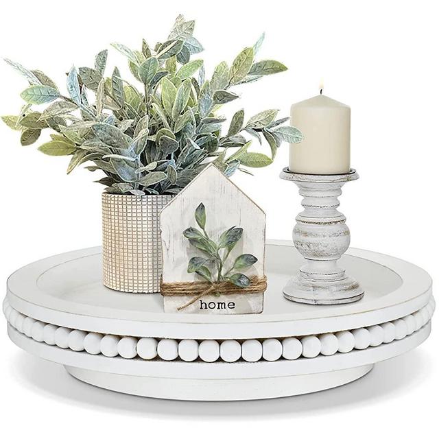 Farmhouse Lazy Susan Organizer,Decorative Tray Riser,Lazy Susan for Table,Counter Lazy Susan Turntable Organizer with Beads,360 Degrees Rotating Display Stand for Spice Racks,Centerpiece Tray,White
