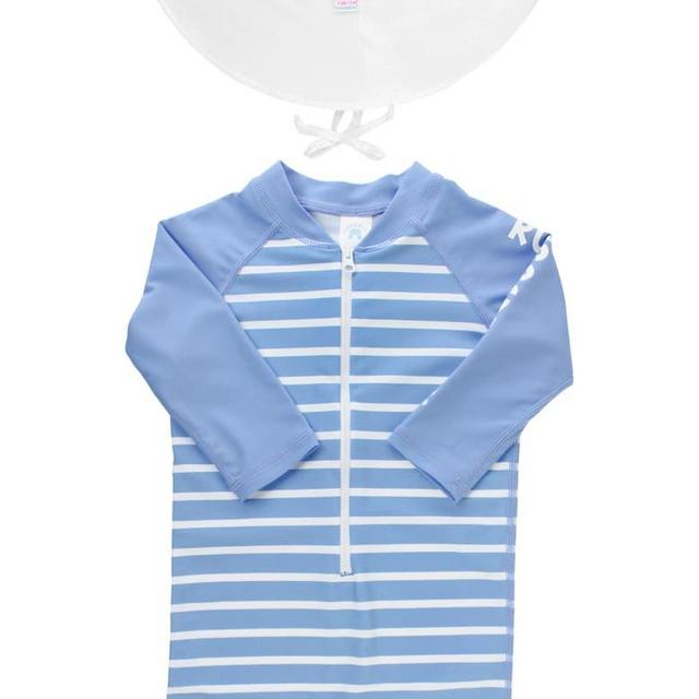 Cornflower Blue One-Piece Rashguard Swimsuit & Hat Set