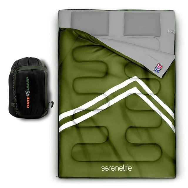 SereneLife Double Sleeping Bag with Pillows, Waterproof & Detachable for 2 Single Bags, Lightweight & Warm, Perfect for Camping, Hiking, Backpacking, and Cold Weather, Suitable for Temperatures 5-10°F