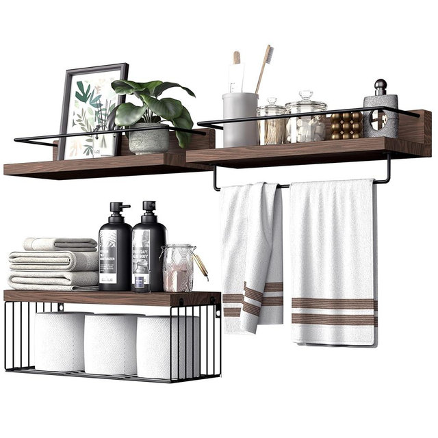PopiShelves Bathroom Shelves Over Toilet for Wall, Floating Shelves with Storage Basket Paper Holer for Kitchen Living Room, Bedroom & Classroom, Set of 3 (Dark Brown)