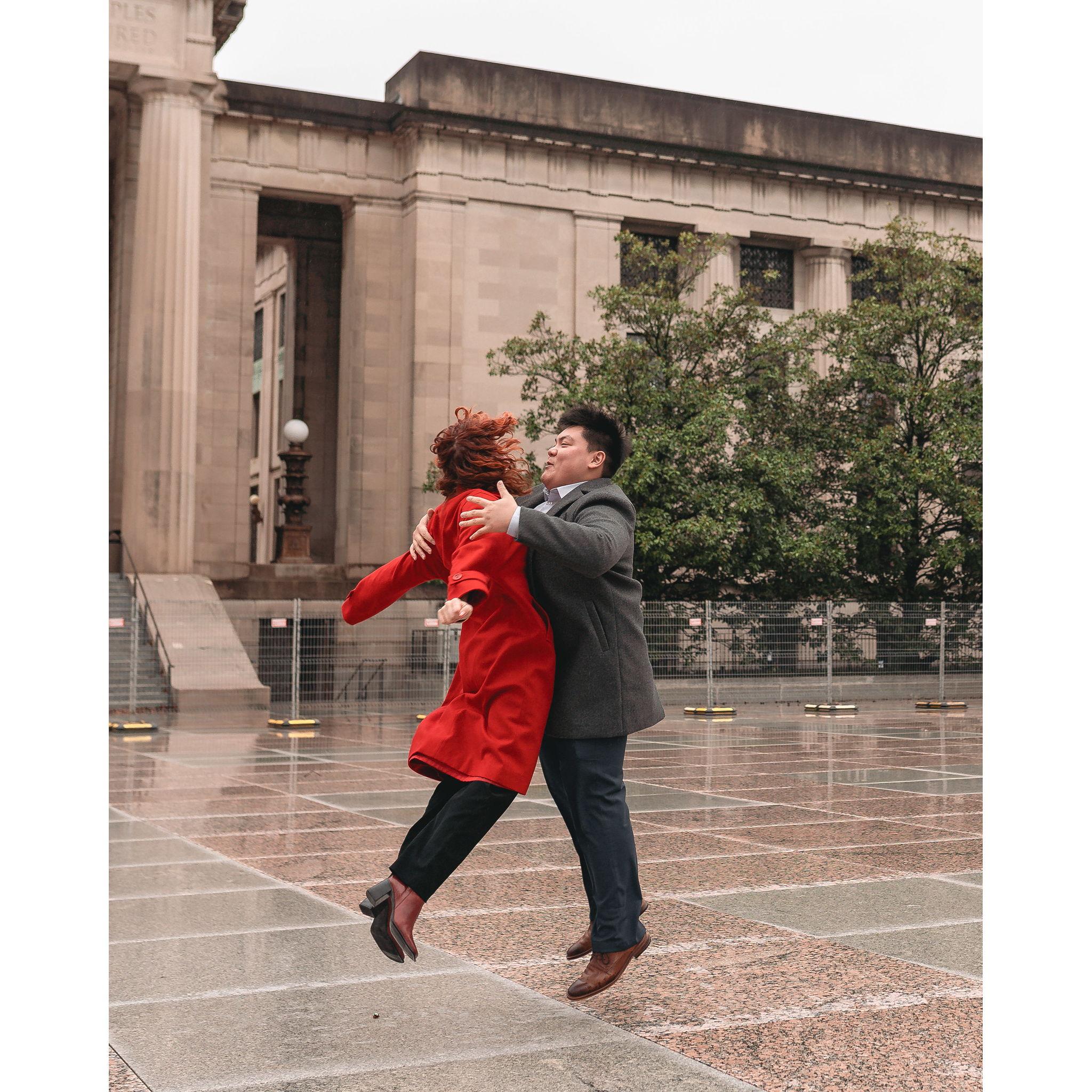 Celebratory chest bump