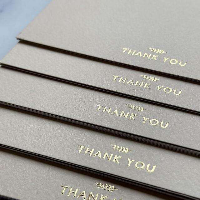 RUN2PRINT (36 Pack) Thank You Cards With Envelopes & Gift of 36 Foiled Stickers - Elegant Emboss Rose Gold Foil Pressed Blank Notes Wedding All Occasion Cards (Beige)