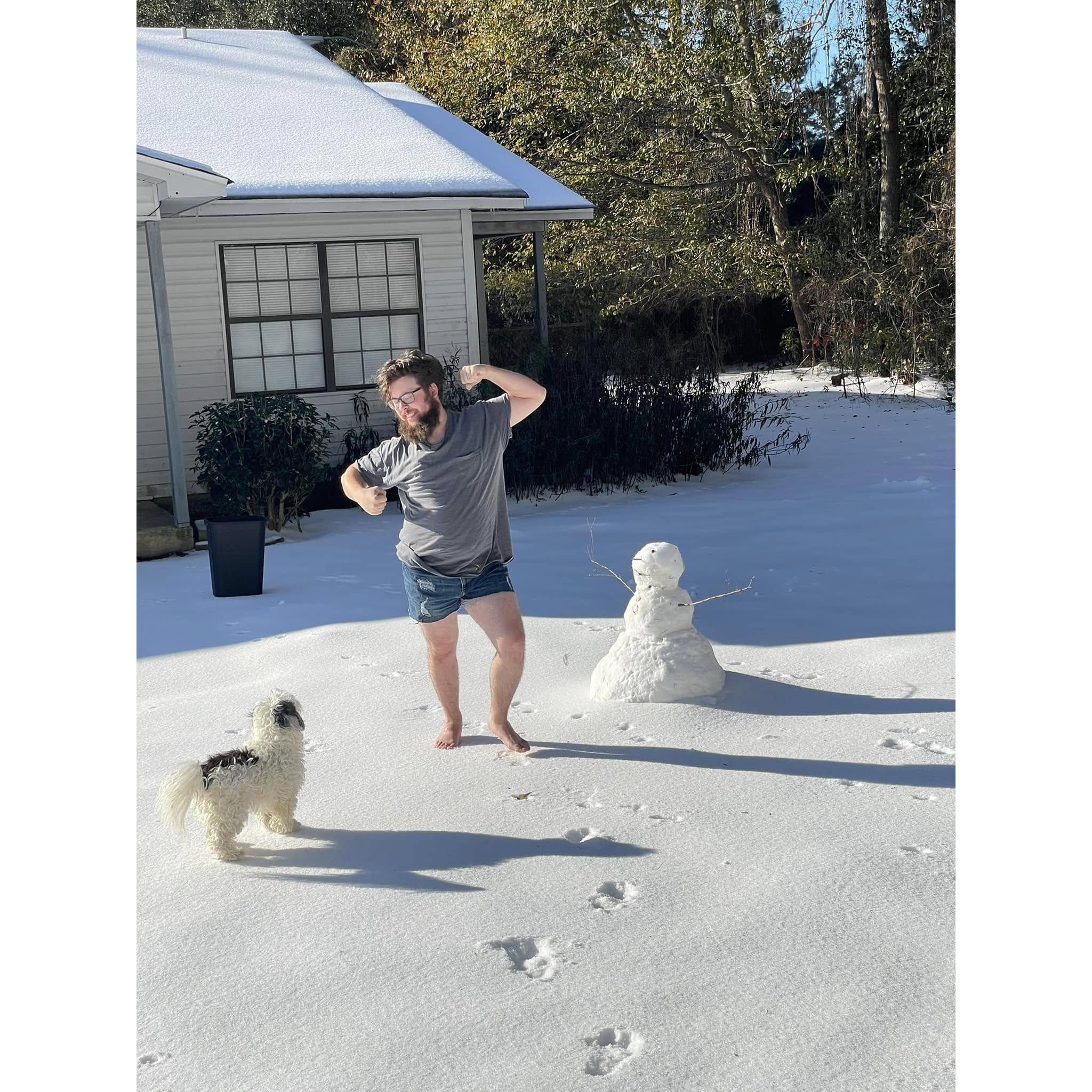 On a dare, R.J. went outside barefooted in shorts. I think he enjoyed himself.