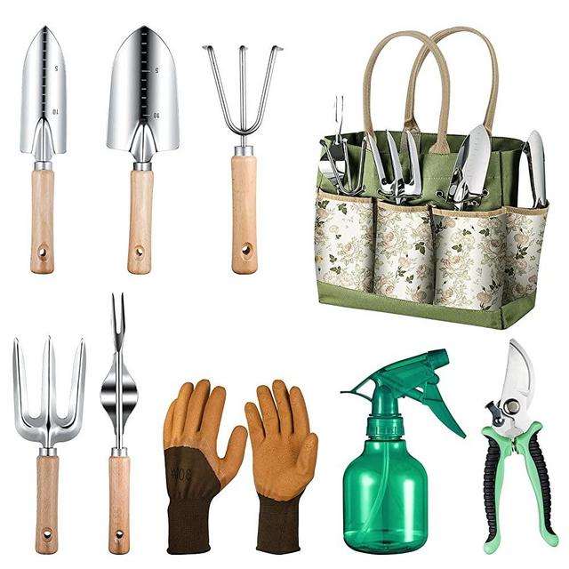 Grenebo Gardening Tool Set: 9-Piece Heavy Duty Gardening Tools with Pruning Shears & X-Large Handle Storage Tote, Rust-Proof Hand Tools Kit for Gardening, Gardening Gifts for Women and Men