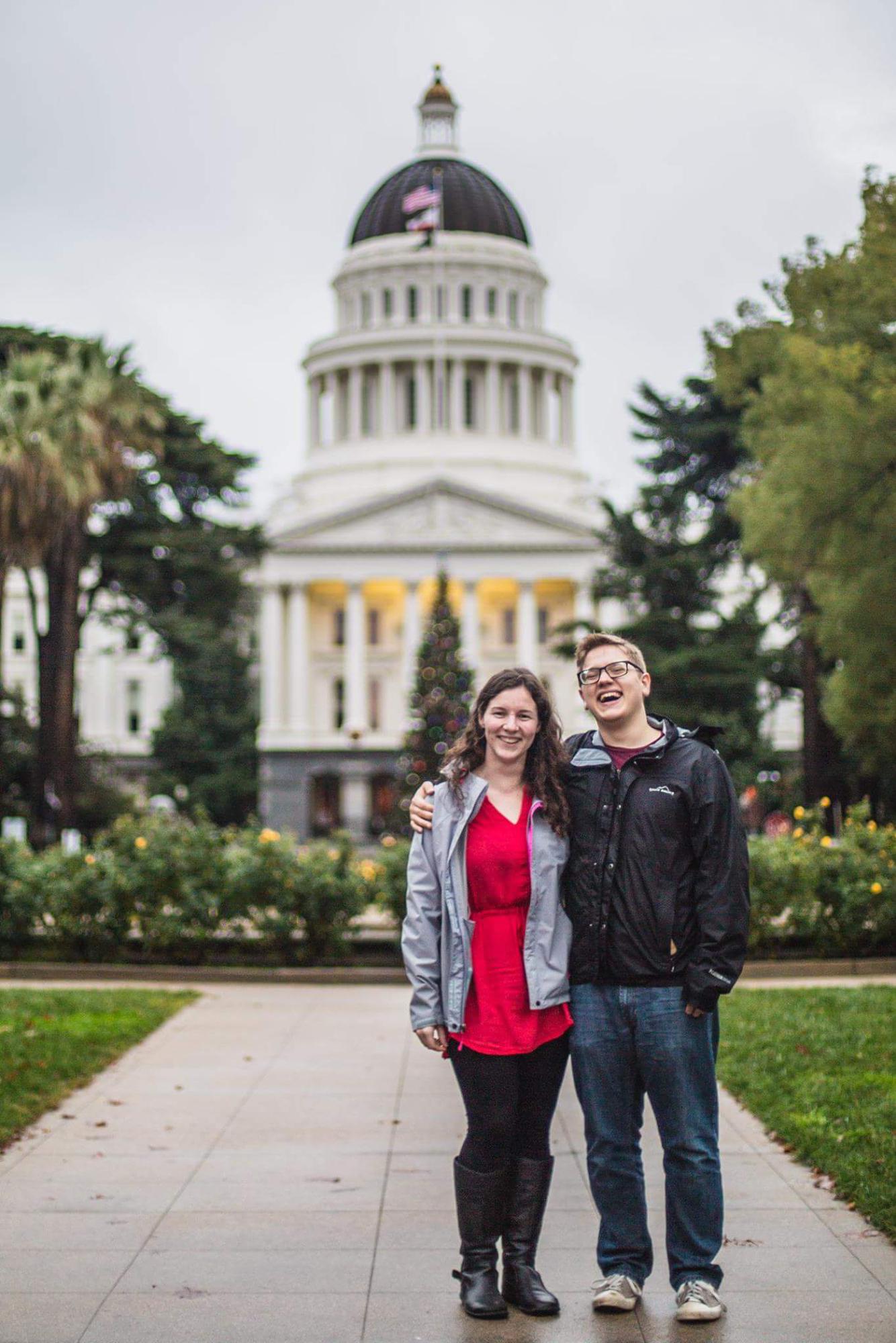 Josh and Alana’s first movie together was Singing in the Rain. Here they are smiling in the rain in front of the California State Capitol.