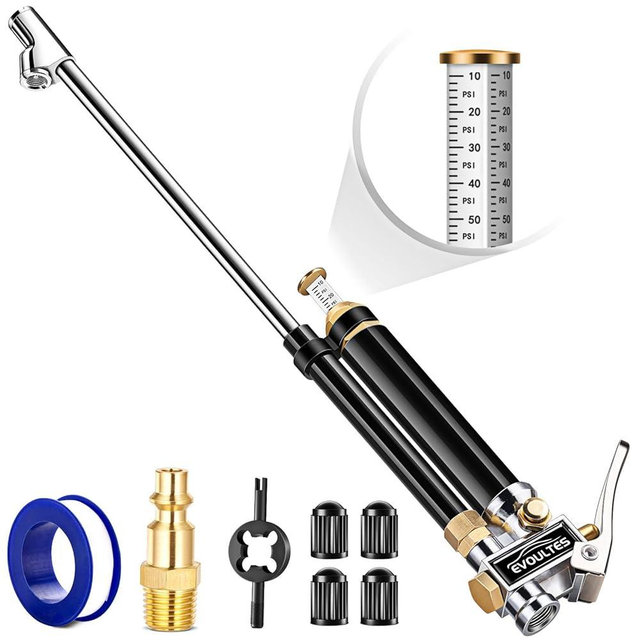 EVOULTES Heavy Duty Tire Inflator with Pressure Gauge, 16.5 Inch Extended Dual Head Air Chuck with Pressure Gauge, 10-120 PSI, Semi Truck Tire Pressure Gauge for Tuck Rv Car Air Compressor Accessories