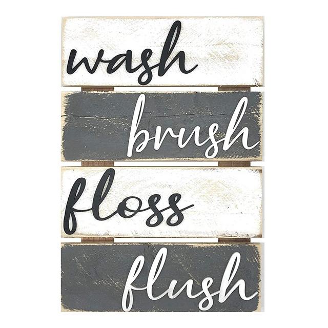 Farmhouse Bathroom Wall Decor - White And Grey -10x15 - Rustic Wash Brush Floss Flush Sign, Unique Hanging Wooden Signs, Vintage, Primitive Bathroom Wall Art